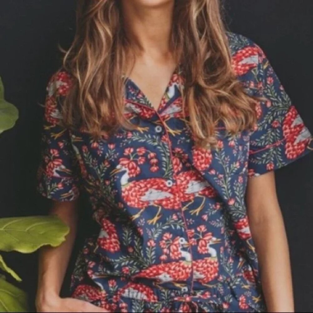 Printfresh Queen Lotus Button Down Pajama Top XS floral bird print navy shirt - Picture 2 of 8